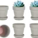 Vensovo 4 Inch Small Grey Terracotta Plant Pots with Saucer - 6 Pack Clay Flowerpots with Drainage, Great for Indoor Outdoor Plants, Crafts, Wedding Favor