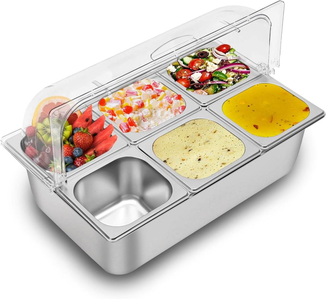 Countertop Food Display Container Ice Food Serving Tray 6 Pans Buffet Condiment Dispenser - Salad Dressing Appetizer Spice Fruit Cold Serving Station