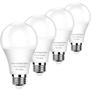 4 Pack Dusk to Dawn LED Light Bulbs 10W(75W Equivalent), 3000K Soft White 1100LM,E26 A19 Automatic Sensor Bulb, Built-in Photocell Detector for Garage Door, Porch, Outdoor Lighting(Non-Dimmable)
