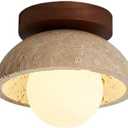 Mid Century Modern Hallway Ceiling Light White Milk Shade Small Marble Natural Stone Ceiling Light Wood Vintage Farmhouse Close to Ceiling Lamp for Bathroom Kitchen Corridor Entryway