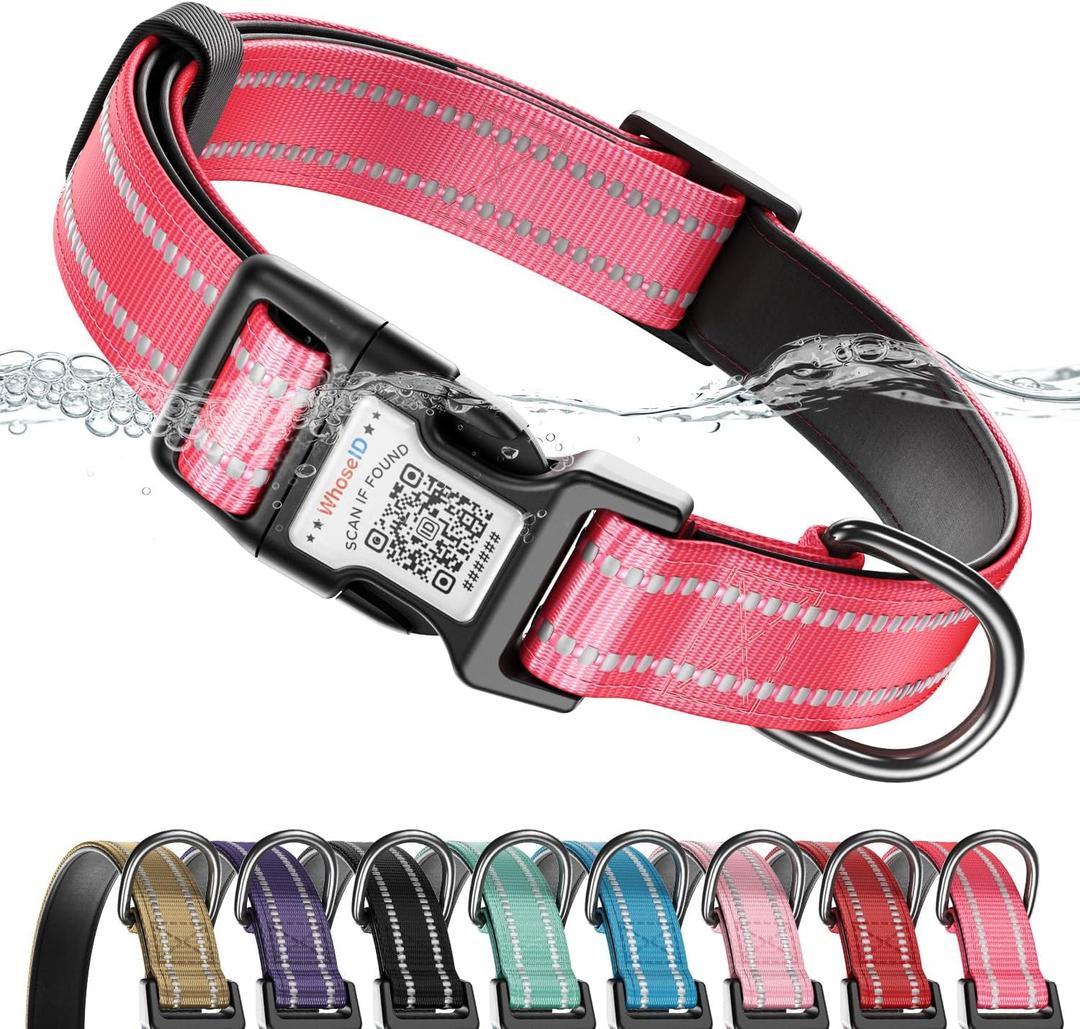 2 x Reflective Dog Collar with QR Code, Adjustable Dog Collar for Large Dogs, Soft Padded Dog Collars with Safety Locking Buckle, Rose