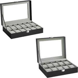 SONGMICS 2 Items Bundle - Watch Boxes, 12-Slot Watch Box with Large Glass Lid and Removable Watch Pillows, 10-Slot Watch Case, Black Synthetic Leather, Gray Lining UJWB12BK and UJWB010BK