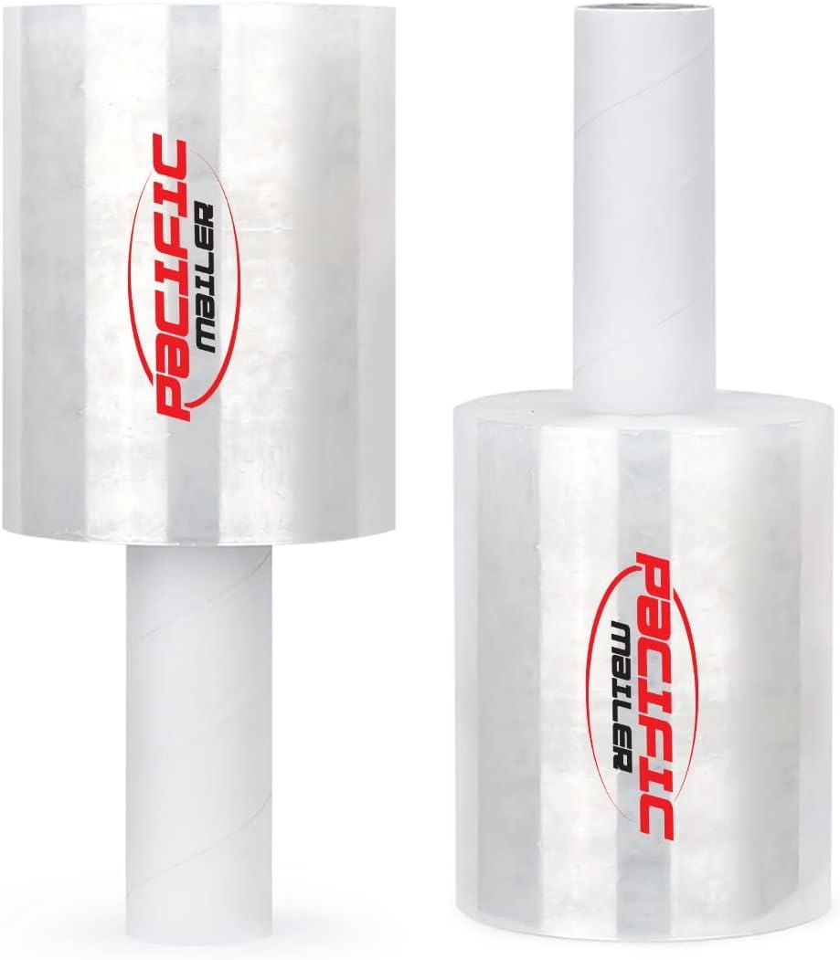 Stretch Wrap, Pacific Mailer 5In 1000Ft 80 Gauge Thick (20 Micron) Mini Clear Industrial Stretch Wrap Film with Handle, Self Adhering for Pallet Wrap, Moving, Warehouse [Pack of 2]