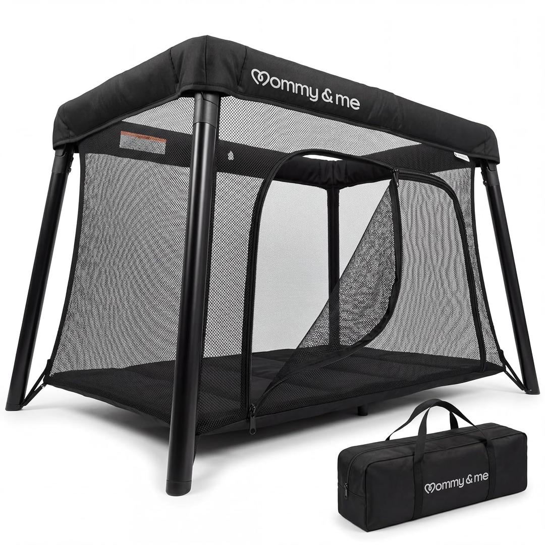 Mommy&Me Travel Crib for Baby and Toddler, Black | Lightweight 14 lb, Portable Playard, Folds in Seconds with Carry Bag, Breathable Mesh Sides, Easy Side-Zip Access