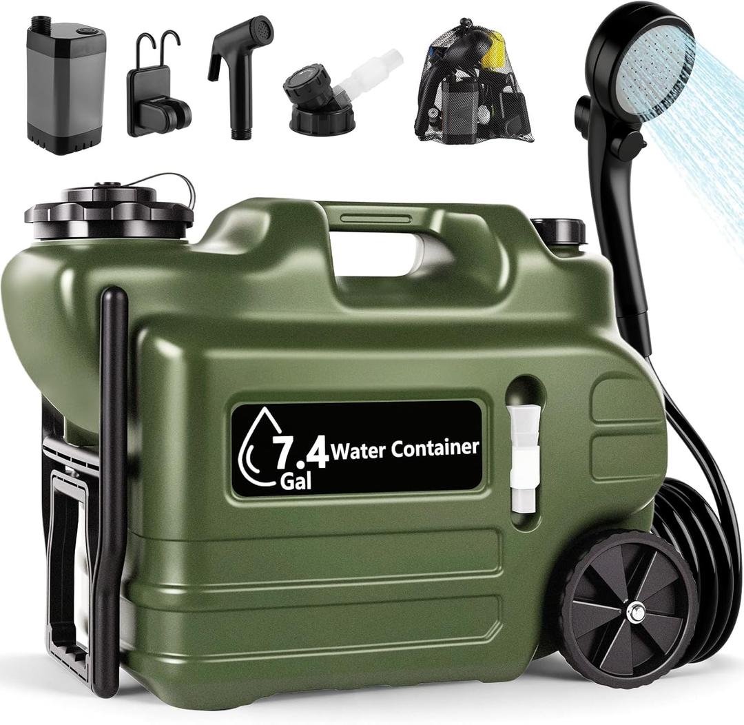 Portable Shower for Camping, Camping Shower Kit (Large 7.4 Gal/28L Water Jug, 6000mAh Camp Shower Pump IPX7, Shower Head & Spray Nozzle), Outdoor Shower for Travel, Hiking, RV, Pet Bath, Car, Plants