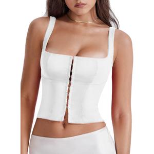 LAGSHIAN Women's Sleeveless Square Neck Double Layer Crop Top Central Single Row Clasp Trendy Tank Top (White, L)