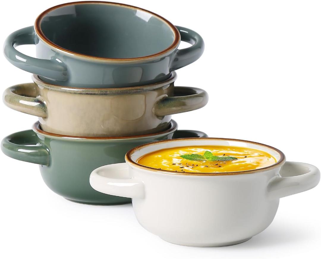 MONITO Ceramic Salad Bowl with Handles, 14 oz French Onion Soup Bowls, Ceramic Soup Bowls for Cereal, Pasta, Chilli, Beef Stew, Stackable Serving Bowl Set of 4 (14 OZ)