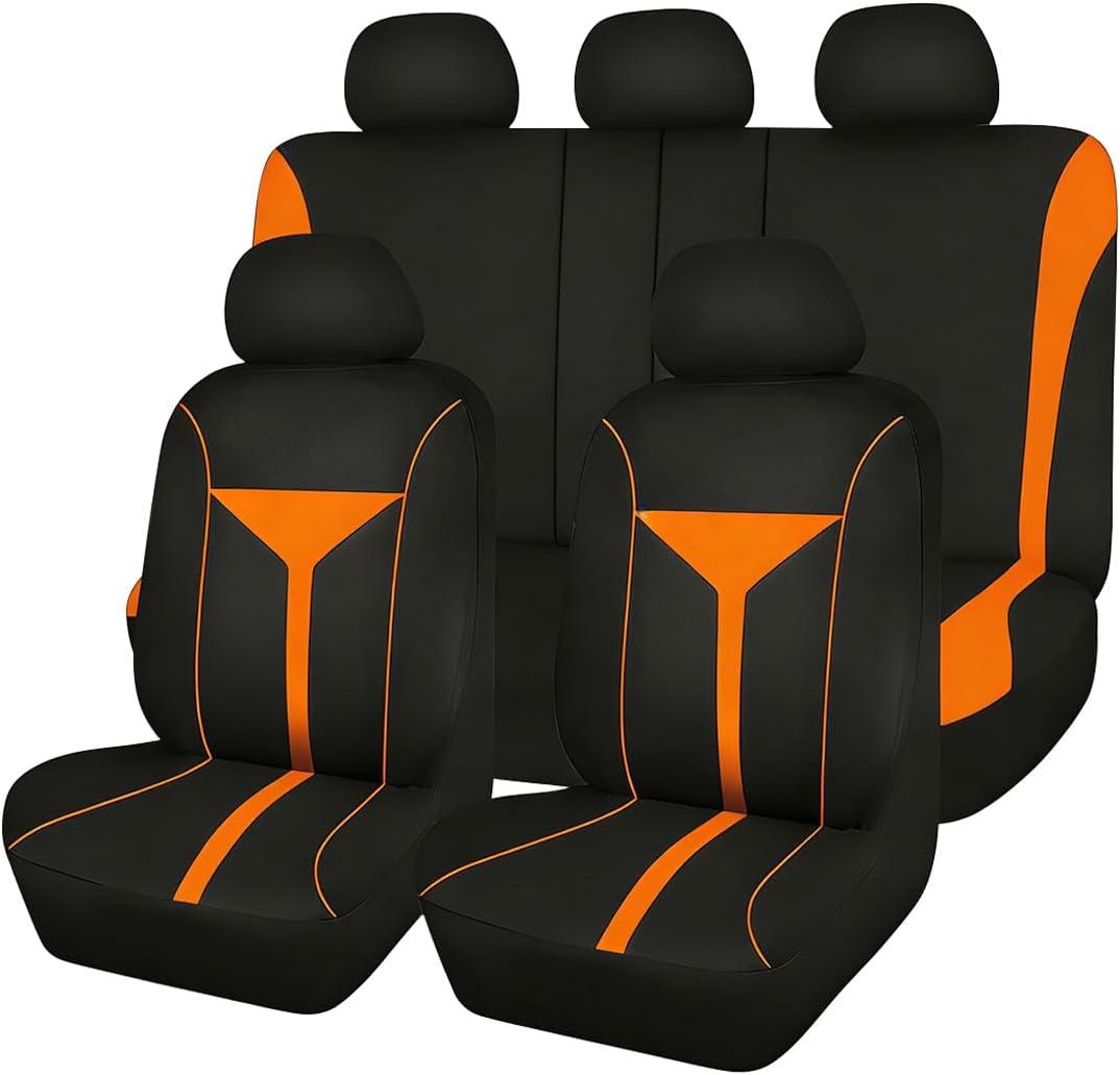Osilly Car Seat Cover Full Set, Soft Breathable Sporty Vehicle Interior Seat Protector, Comfortable Automotive Front and Rear Split Bench Cover, Universal Fit (Orange/Black)