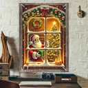 Christmas Window Cover Winter Scene Santa Gift Display 31x47 inch Home Holiday Window Decoration with Snowy Frame Lighted Xmas Tree Festive Indoor Decor Banner Poster