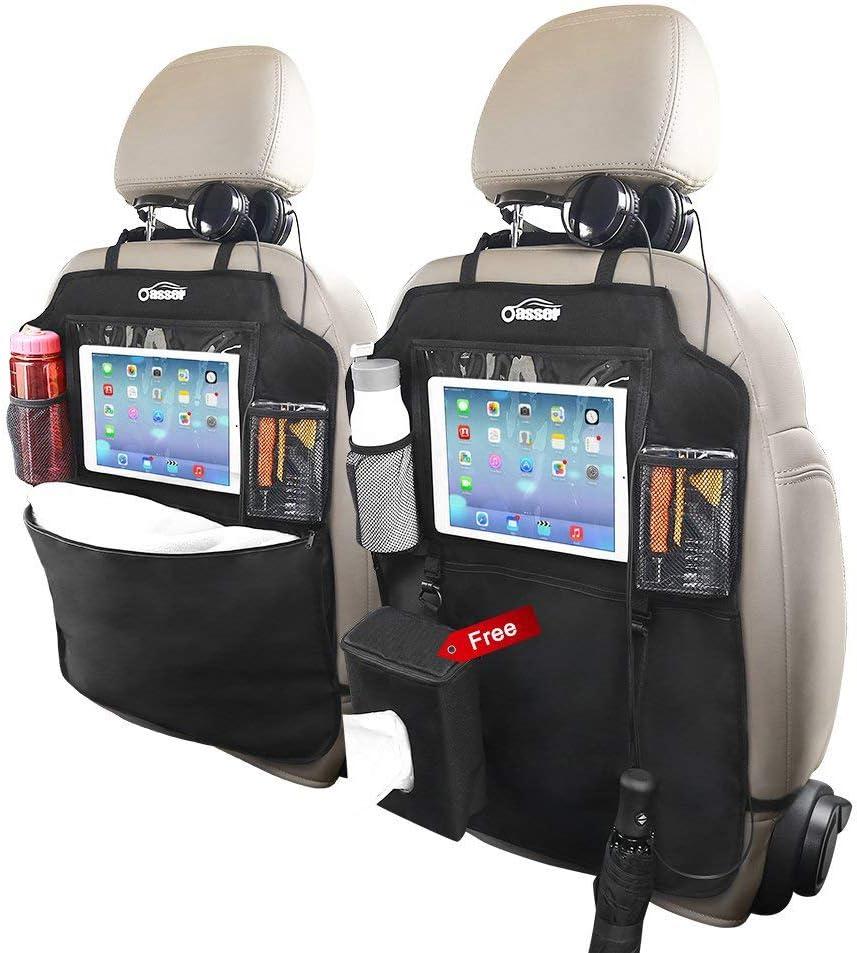Oasser Seat Back Protector Kick Mats Car Seat Organizer Back of Seat Protector 2 Pack XL with 1 Tissue Box Clear 12.9" Ipad Holder 3 Large Car Organizers and Storage(2 Kick Mats)