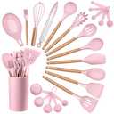 HaWare Kitchen Cooking Utensils Set, 23-Piece Silicone Kitchen Utensils Spatula Set with Holder, Heat Resistant Wooden Handle Kitchen Gadget for Nonstick Cookware, Food-grade Turner Spoon Sets (Pink)
