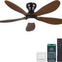 Kviflon 44 Inch Modern Flush Mount Ceiling Fan with Lights, Remote/APP Control, 5 Reversible Curved Blades, LED 3 CCT Dimmable, 6 Speeds, Brown