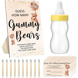 Qilery 122 Pcs Baby Shower Games Guess How Many Bears 100 Guessing Cards 20 Pencils 1 Bottle 1 Wood Standing Sign for Baby Shower Games Gender Reveal Party Decoration(Brown) (Brown)