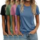 Ficerd 4 Pack Women's Cotton T Shirts Casual Short Sleeve Tunic Tops Crewneck Plain Summer Loose Fit Rolled Sleeve Basic Tee Size M