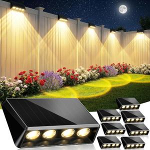 Solar Fence Lights Outdoor, Bigger & Brighter 4-LED Fence Lights Solar Powered, 3000/4000/6500K 3 Modes, IP65 Waterproof Solar Lights for Outside, Backyard, Patio, Yard, Railing, Wall, Pool - 8 Pack