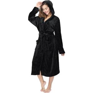 RONGTAI Womens Robes Plush Fleece Hooded Bathrobe Thick Nightgown with Pockets Fluffy Sleepwear Black, L