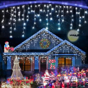 100 FT Christmas Lights Outdoor Decorations 900 LED 8 Lighting Modes with Timer Memory Waterproof Fairy String Light with 150 Drops Christmas Light for Party Holiday Wedding Decor Cool White