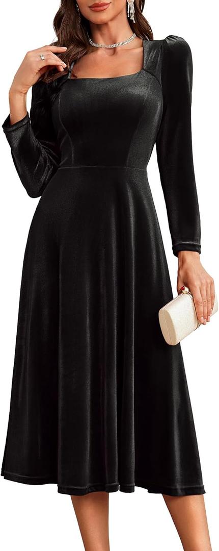BeryLove Women Velvet Dress Cocktail Party Evening Dresses Long Sleeve Wedding Guest Formal Dresses (Black, XXL)
