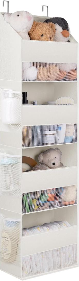 GRANNY SAYS Over The Door Organizer, 4-Shelf Behind The Door Storage with 6 Pockets and Clear Window, Waterproof Anti Tilt 35lb Large Capacity Hanging Organizer for Baby Diapers, Toys, Beige