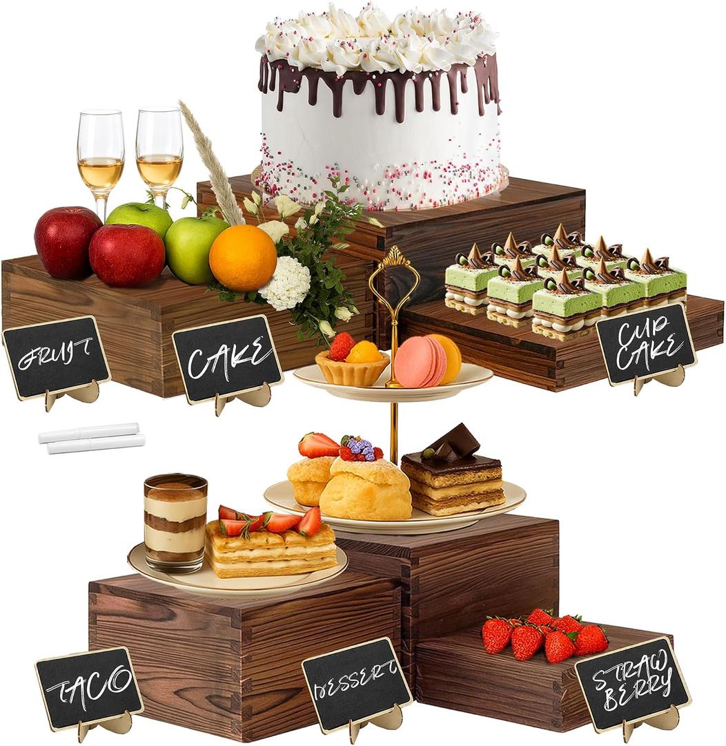 Verssure 6-Pack Wood Risers Display Stands, Multi-Height Food Risers for Buffet Table, Rustic Wooden Cake & Cupcake Stands for Party, Birthday, Wedding, Halloween Decor