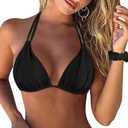 Firpearl Women's Triangle Bikini Tops Push Up Slider Ruched Halter Swimsuit Top Swim Bras (8, Black)
