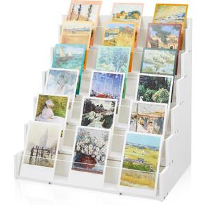 6 Tier Greeting Card Display Stand White Bamboo and Acrylic Sticker Display Stand Trading Card Holder Retail Photos Shelf for Vendors Craft Collection & Show