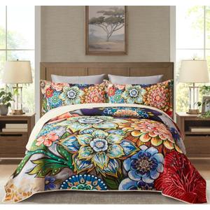 Asuexpect 3 Piece Boho Floral Quilt Sets California King Size Bohemian Flower Microfiber Bedding Set Vibrant Bright Soft Lightweight Comforter Bedspread Coverlet (118''x106'') with 2 Shams (20"x 36")