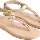 Rihero Rope Thong Sandals for Women Ankle Strap Slip On Comfortable Beach Flat Sandals (Beige)