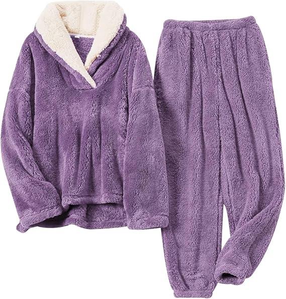 Women Fluffy Pajamas Set Fleece Lounge Set Pullover Pants 2 Piece Loungewear Sleepwear Winter Warm Pj Loose Plush, XXL 