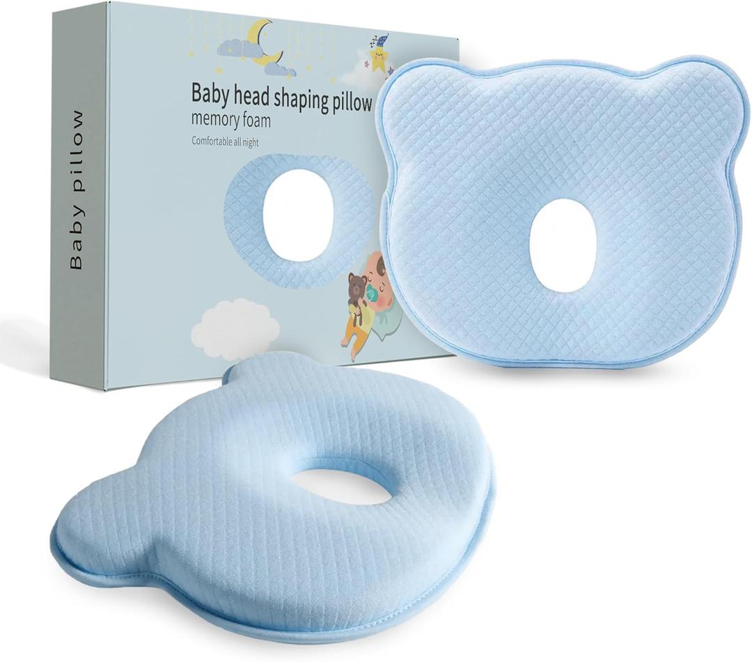 Soft and Breathable Baby Pillow with Memory Foam and Bear Design (Blue)