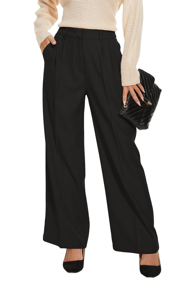 FUNYYZO Wide Leg Pants Women's High Elastic Waisted in The Back Business Work Trousers Long Straight Suit Pants, L