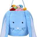 Plush Easter Bunny Basket for Kids Boys Girls Easter Buckets with Long Plush Ear Personalized Egg Hunting Bags,Bunny Kids Easter Tote Bags for Easter Decorations Candy (Blue)