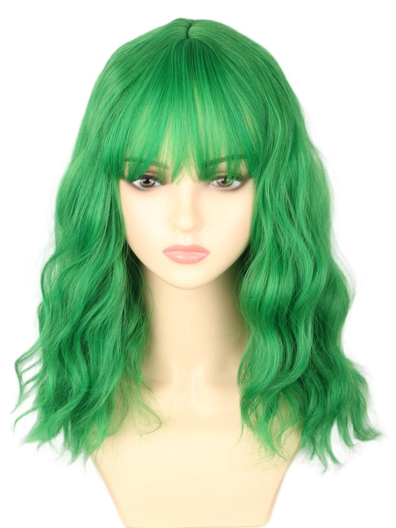 Green Short Bob Wavy Wig with Air Bangs Heat Resistant Shoulder Length Curly Wigs for Daily Use, Cosplay and Theme Party
