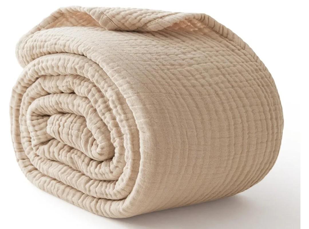 100% Cotton Blanket Large 50"x 70", 6 Layers Muslin Blankets, Cooling and Soft Throw Blanket for Bed and Couch, Breathable Quilt Bedspread, Gauze Bedding for Adults, Oatmeal, Beige Linen