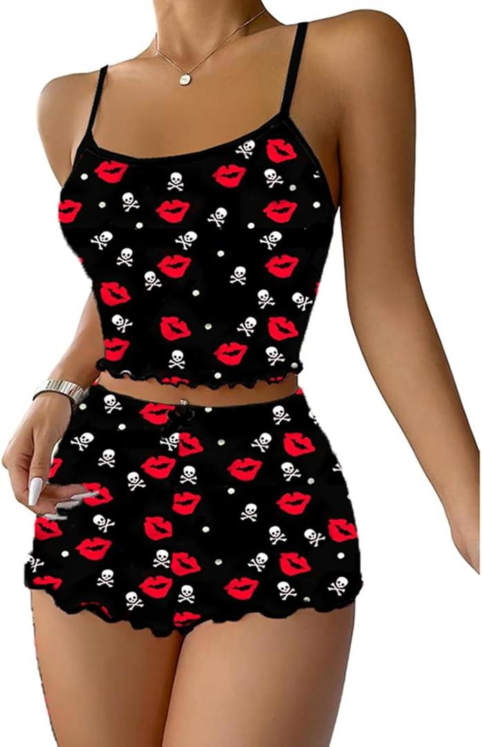 Women Valentine Pajamas Set Hearts/Lips Print Camisole Matching Shorts Set 2 Piece Loungewear Sleepwear (Black 1, L)