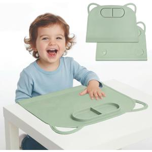 Domensi Large Silicone Suction Placemat with Teething Edge Bumper/Spill for Baby Toddlers Kids with Storage Bag, Non-Slip Dinning Table Mat, Dishwasher Safe for Table(Green,1 Pack)