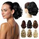 Black Ponytail Extension,9" Short Curly Wavy Claw Clip Pony tails Hair Extensions Natural Soft Synthetic Hairpiece for Women