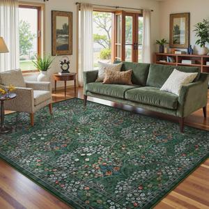 Lahome Floral Washable 6x9 Area Rugs, Soft Green Bedroom Rug for Living Room Ultra-Thin Non Slip Dining Room Rug, Stain Resistant Boho Easy Clean Throw Carpet for Office Giverny, Dark Green