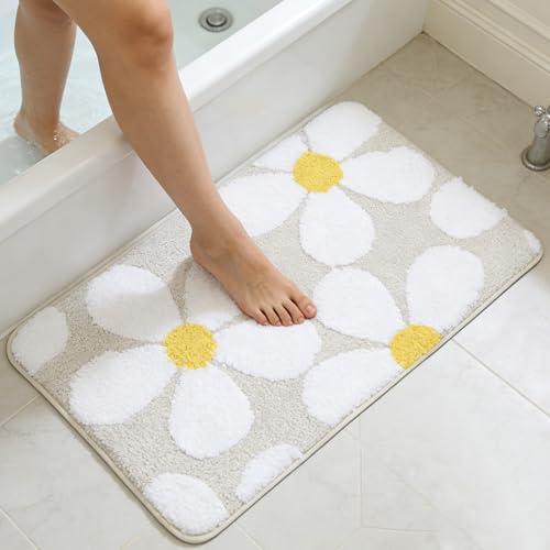 TONGSONG Cute Flower Bath Mat, Non-Slip TPR Backing Ultra Soft Microfiber Bathroom Rug, Machine Washable Absorbent Bath Rug for Tub Shower Sink Bedroom Dorm Restroom Toilet(Beige, 30x19 Inch)