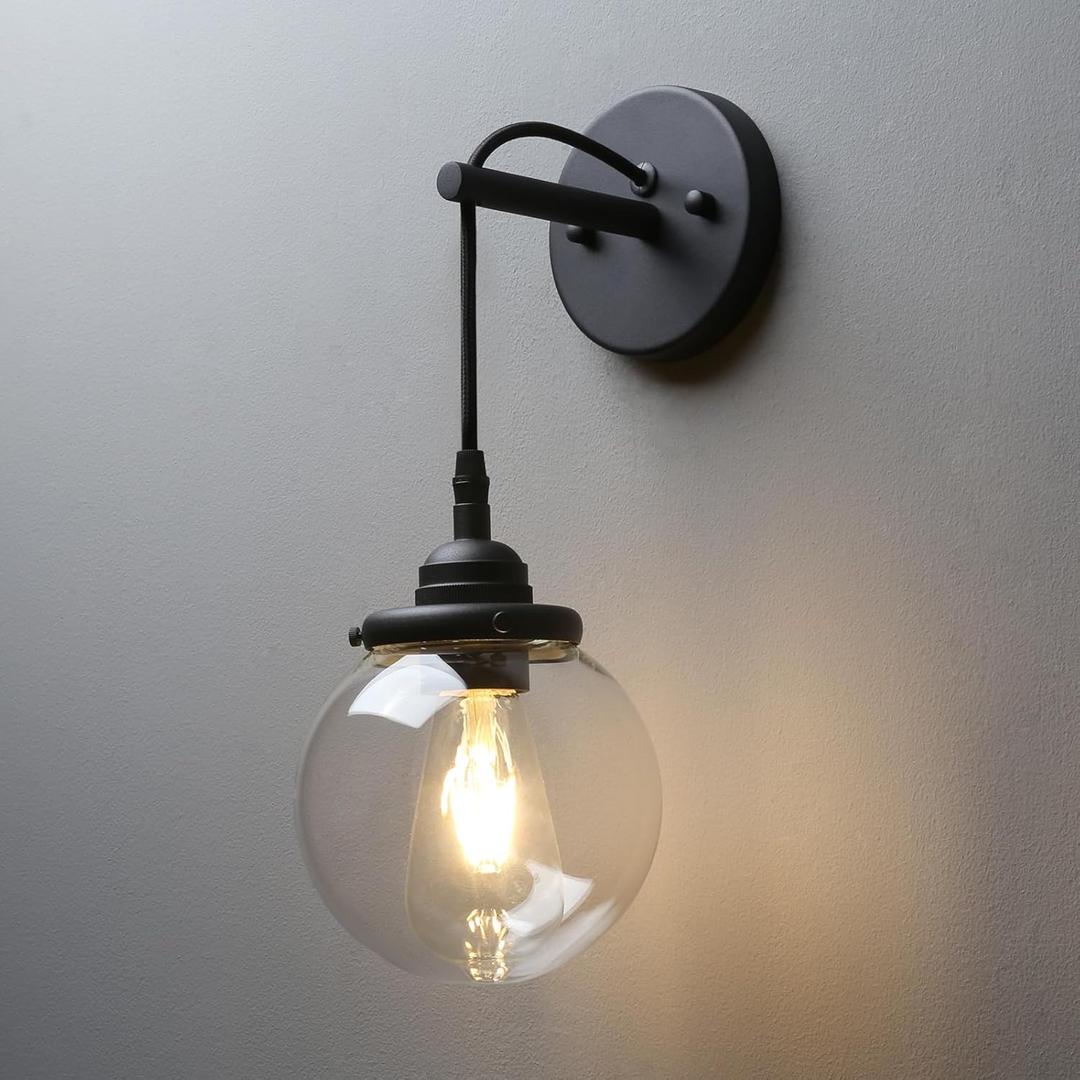 Phansthy Vintage Glass Wall Sconce, Hanging Wire Indoor Wall Lamp, 5.9" Globe Wall Lighting Fixture Adjustable Hanging Cord, Home Decor Art Wall Light Hardwired Farmhouse Wall Sconce (Black)