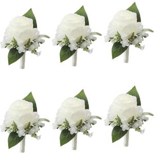 Meldel White Boutonniere for Men Wedding, Set of 6, Groomsmen Groom and Best Man Boutonniere for Wedding Prom, Rose Boutonniere for Men Wedding Ceremony Anniversary Party Homecoming