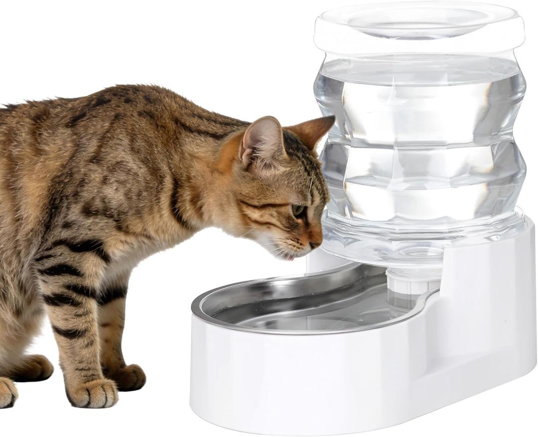 RIZZARI Gravity Water Bowl Dispenser: 4L White Stainless Steel Water Feeder Without Filter - Detachable Food-Grade Bowl -Spill-Proof - for Small Cats & Busy Multi-Pet Owners - Home Bedroom Garden