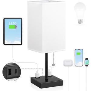 White Medium Table Lamp with USB Ports - 3 Color Temperature Bedside Lamp for Bedroom, Pull Chain Control, USB A and C Ports, 2 AC Outlets, Bulb Included (17.4in)