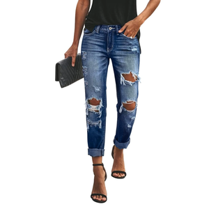 Women's Ripped Mid Waisted Boyfriend Jeans Loose Fit Distressed Stretchy Denim Pants, XL