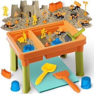Lehoo Castle Sensory Table with Sensory Sand, Indoor Sensory Bin with Lid & 2.6lbs Play Sand, Construction Kit with 6 Alloy Trucks & Castle Molds, Sensory Toys for Toddler Boys and Girls