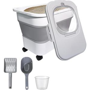 Collapsible Cat Litter Storage Container with Rolling Casters,20 Lbs Cat Litter Storage with Wheels,Airtight Lids,Cat Litter Shovel,Portable Cat Litter Storage Bin Container,BPA Free (Gray)