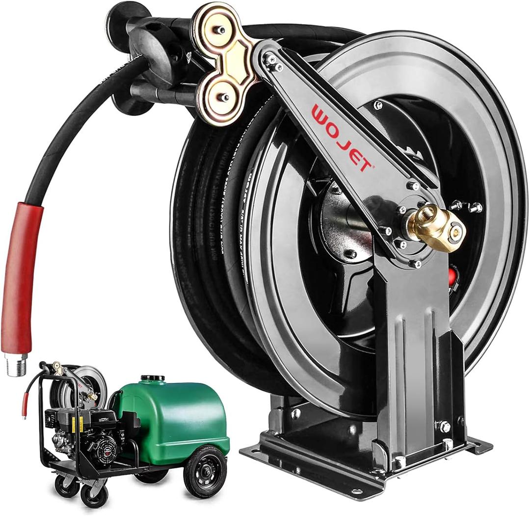 WOJET Pressure Washer Hose Reel 50 ft x 3/8 in, Retractable Hose Reel for Water/Air/Oil, Heavy Duty Hose Reel in Steel, Power Washer Reel with Dual Arm, Auto Rewind, Max 4000PSI (Without Hose)