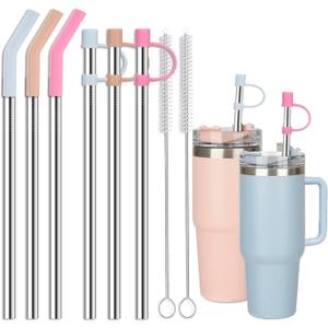 Jetstop Stainless Steel Straws with covers fit Stanley 40 oz tumbler, Reusable 12 Inch Metal Straw with Silicone Tips & Cover Caps, Compatible with Stanley Quencher H2.0 (6 Pack: 3 Bent + 3 Straight)