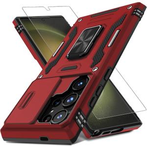 DEERLAMN Case for Samsung Galaxy S25 Ultra with Slide Camera Cover+Screen Protector (1 Pack), Rotated Ring Kickstand Military Grade Shockproof Protective Cover-Red (S25 Ultra-6.9 Inch)
