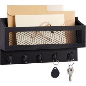 Colingmill Magnetic Mail and Key Holder for Wall Fridge Wooden Mail Organizer with 5 Key Hooks for Home Bedroom Fridge Kitchen Decorative(Black)